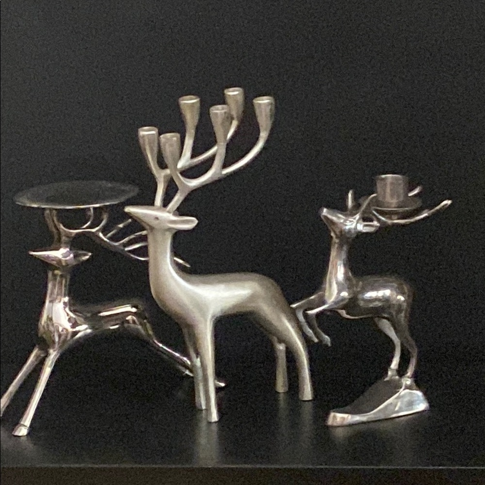 Lot of 3 Silvertone Deer Statues Tapered Pillar Candle Holders Candelabra